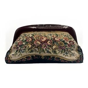 Vintage Tapestry Framed Clutch Purse Floral Amber Lucite Click Closure Black